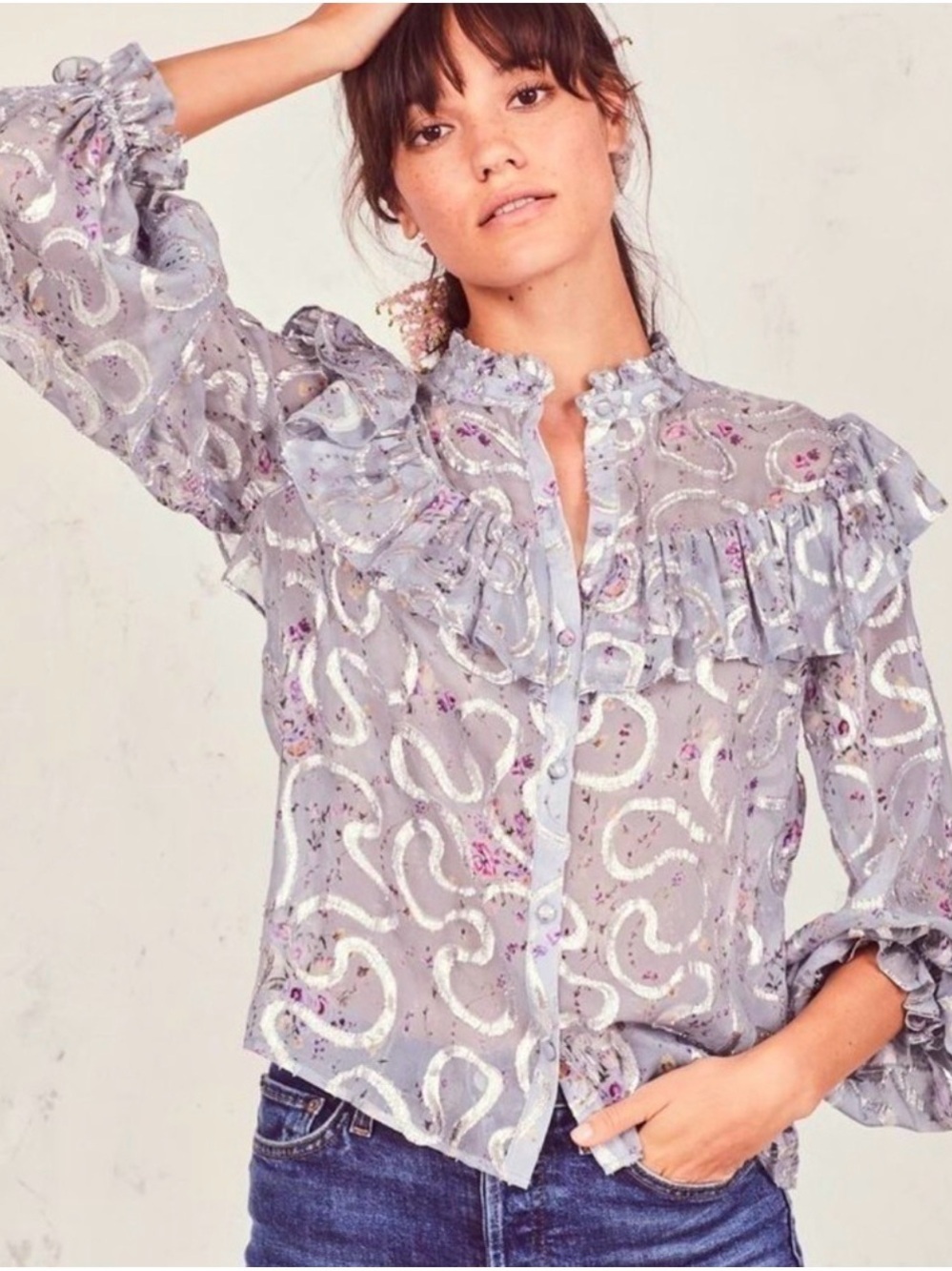 LoveShackFancy Lavender Ruffle Floral Sheer Blouse